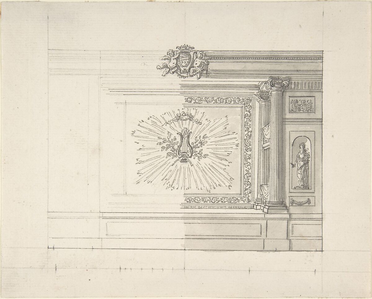 Design for a Wall Decoration, Anonymous, French, 18th century, Pen and ink, brush and gray wash 