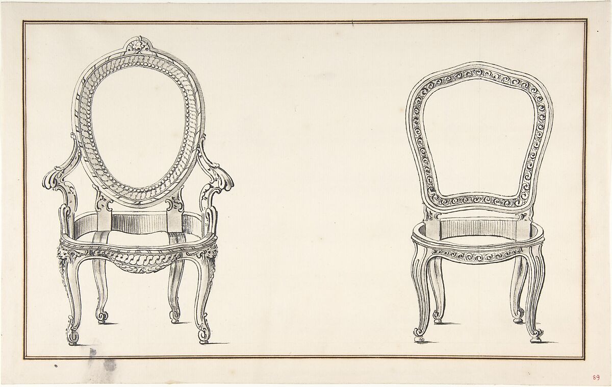 Design for Two Chairs, Anonymous, French, 18th century, Pen and black ink, brush and gray wash over graphite; framing lines in pen and brown ink. 