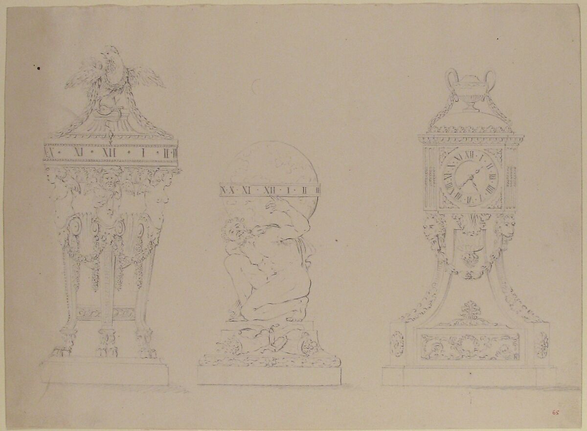 Design for Three Clocks, Anonymous, French, 18th century, Graphite 
