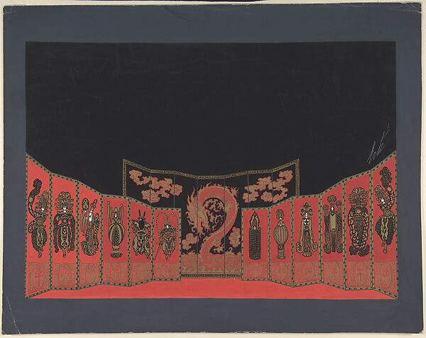 Set design for "Decor-Paravent", Erté (Romain de Tirtoff) (French (born Russia), St. Petersburg 1892–1990 Paris), Gouache and metallic paint. 
