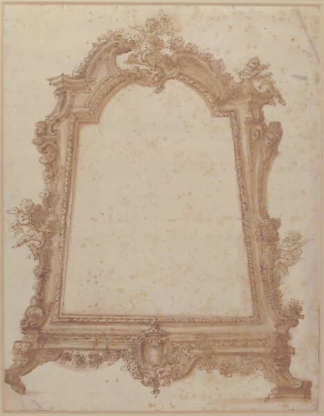 Design for a Sculptured Mirror Frame Decorated with Putti, Volutes and Garlands and a Coat of Arms at Bottom, Attributed to Guiseppe Gagliardi (Italian), Pen and brown ink, brush and brown wash, over traces of black chalk
