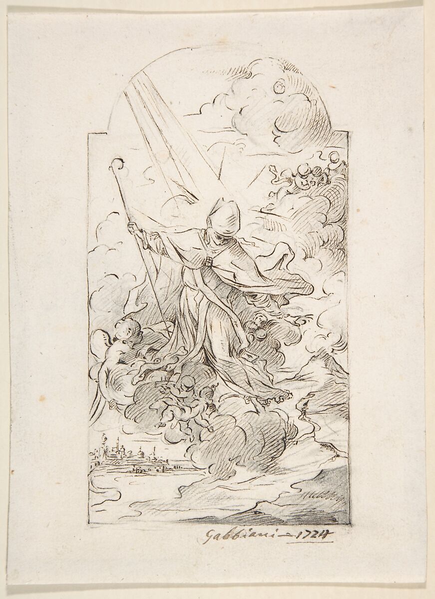 Saint Januarius Saving Naples from an Eruption of Mt. Vesuvius. Verso: Small sketch of similar scene., Anton Domenico Gabbiani (Italian, Florence 1652–1726 Florence), Pen and brown ink over black chalk. Framing lines in pen and brown ink. Design framed in vertical, arch-top altarpiece outline 