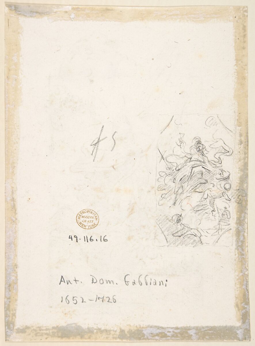 Saint Januarius Saving Naples from an Eruption of Mt. Vesuvius. Verso: Small sketch of similar scene, Anton Domenico Gabbiani (Italian, Florence 1652–1726 Florence), Pen and brown ink over black chalk. Framing lines in pen and brown ink. Design framed in vertical, arch-top altarpiece outline