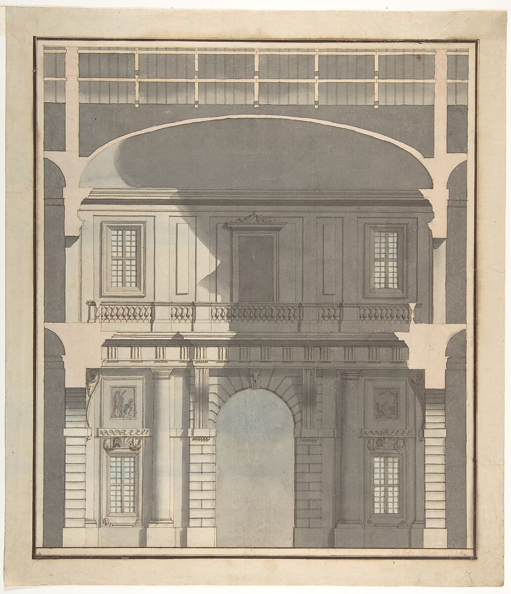 Design for a Stage Set: Design in Section of a Two-Storied Entrance Hall (Recto). Elevation Design for a Monumental Entrance with Columns and Rounded Pediment (Verso)., Giovanni Battista Galliani (Italian, active ca. 1794), Pen and brown ink, brush and gray, pale blue, pink wash over graphite or black chalk. Framing outlines in pen and brown ink. Verso: brush and gray wash over black chalk 