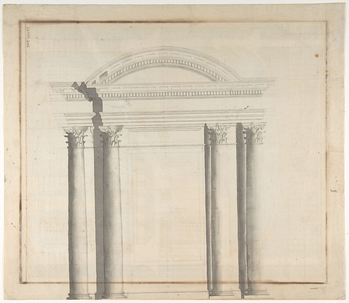 Design for a Stage Set: Design in Section of a Two-Storied Entrance Hall (Recto). Elevation Design for a Monumental Entrance with Columns and Rounded Pediment (Verso)., Giovanni Battista Galliani (Italian, active ca. 1794), Pen and brown ink, brush and gray, pale blue, pink wash over graphite or black chalk. Framing outlines in pen and brown ink. Verso: brush and gray wash over black chalk