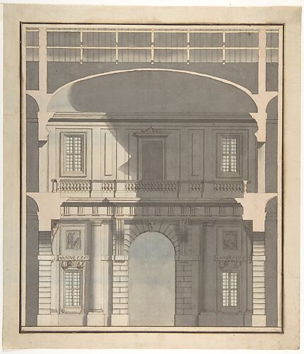 Design for a Stage Set: Design in Section of a Two-Storied Entrance Hall (Recto). Elevation Design for a Monumental Entrance with Columns and Rounded Pediment (Verso).