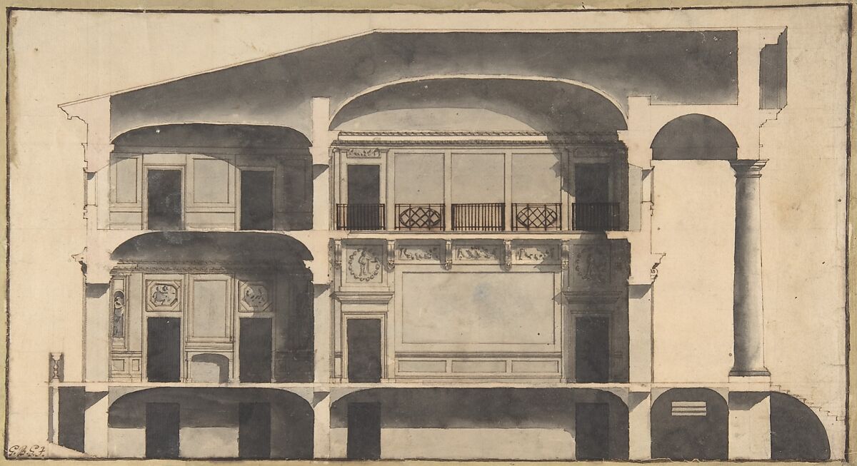 Section of a House with Portico Seen at Right., Giovanni Battista Galliani (Italian, active ca. 1794), Pen and brown ink, brush and gray wash over black chalk 