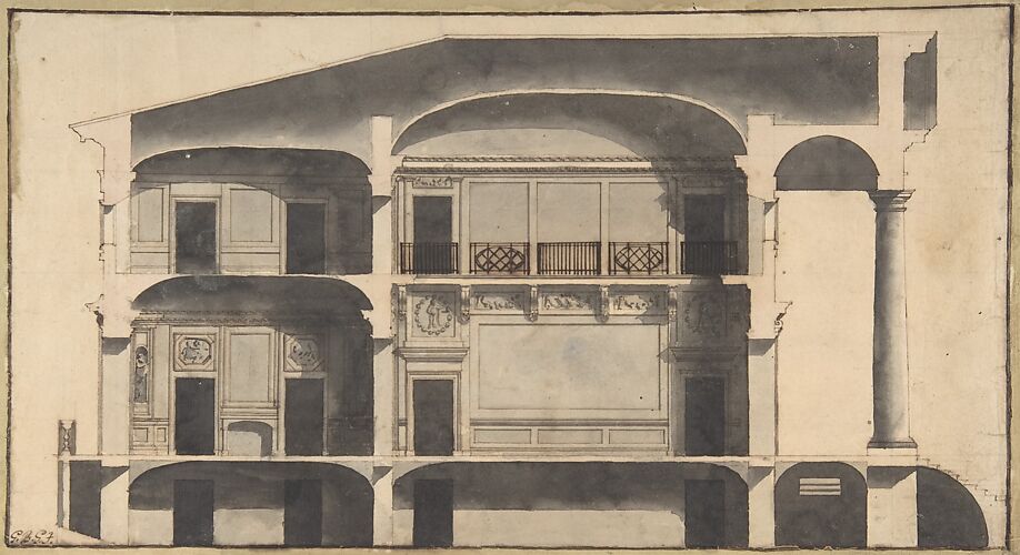 Section of a House with Portico Seen at Right.