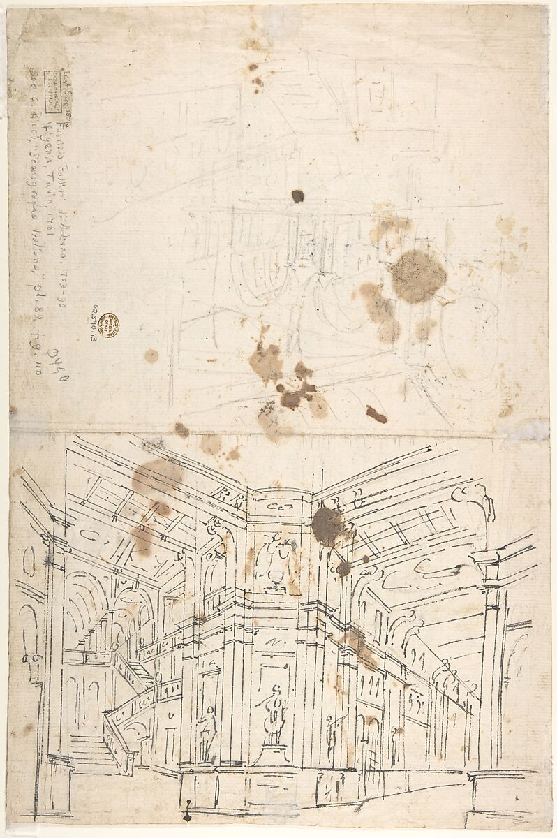 Outline Drawing: Stage Set Design for a Performance of "Iphigenia". Verso: Two Designs for Palace Interiors., Fabrizio Galliari (Italian, Andorno 1709–1790 Treviglio), Pen and black ink, over black chalk or graphite. Verso: pen and dark brown ink over black chalk; separate design in black chalk