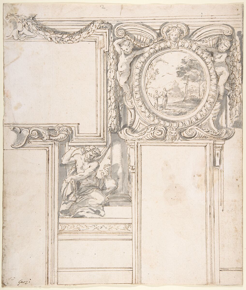 Design Wall Elevation with Stucco and Painted Decorations, Luigi Garzi (Italian, Pistoia 1638–1721 Rome), Pen and brown ink with gray wash 