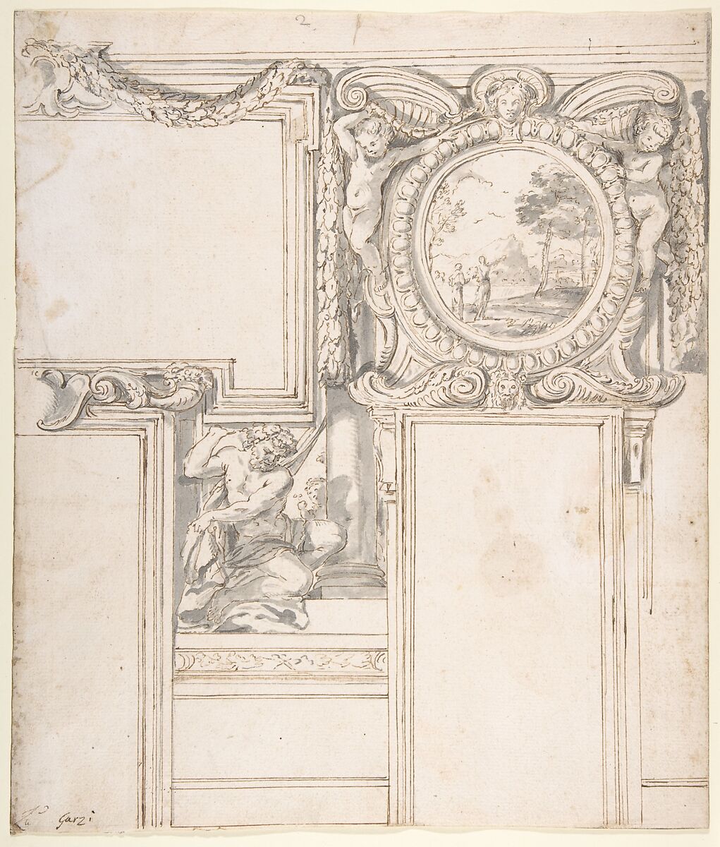 Design Wall Elevation with Stucco and Painted Decorations, Luigi Garzi (Italian, Pistoia 1638–1721 Rome), Pen and brown ink, brush and gray wash