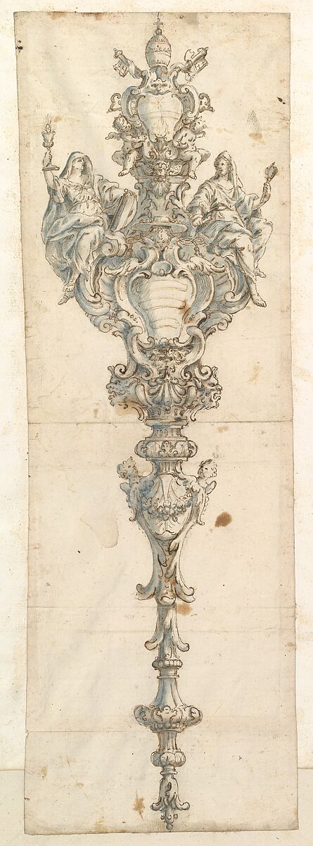 Design for a Mace, Giovanni Giardini (Italian, Forlì 1646–1722 Rome), Pen and brown ink, brush and blue-gray wash 