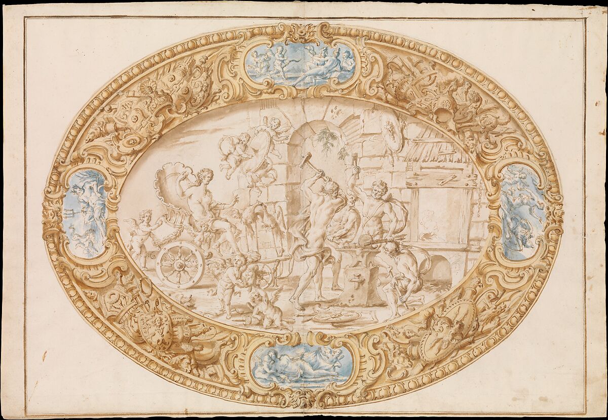 Design (Full-Scale Working Drawing) for a Large Oval Silver Dish with Silver Gilt Border Showing Vulcan's Forge, Attributed to Giovanni Giardini (Italian, Forlì 1646–1722 Rome), Pen and brown ink, brush and brown wash, yellow and blue watercolor over black chalk; framing lines in pen and brown ink; on two glued sheets 