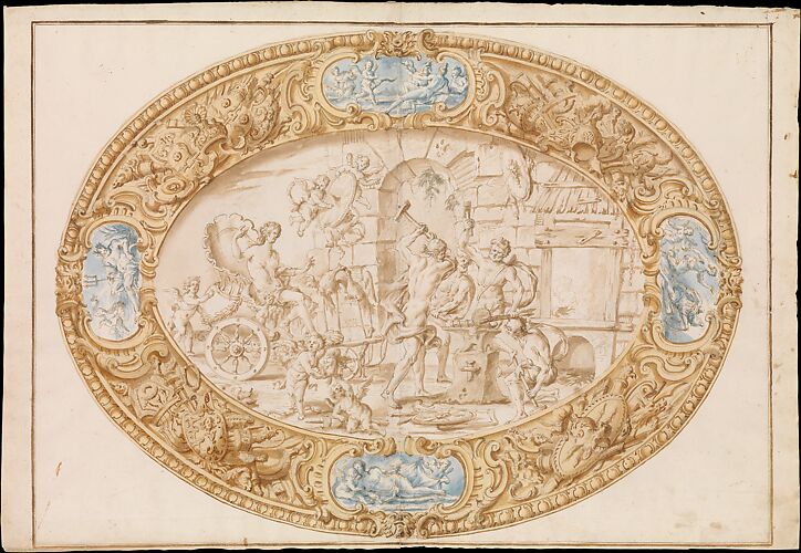Design (Full-Scale Working Drawing) for a Large Oval Silver Dish with Silver Gilt Border Showing Vulcan's Forge