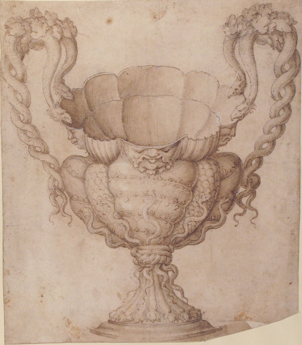 Design for a Decorated Drinking Cup with Floriated Heads around Large Mouth, Intertwined Serpents as Handles, Giulio Romano (Italian, Rome 1499?–1546 Mantua), Pen and brown ink, brush and brown wash over traces of black chalk; small corrections in white gouache