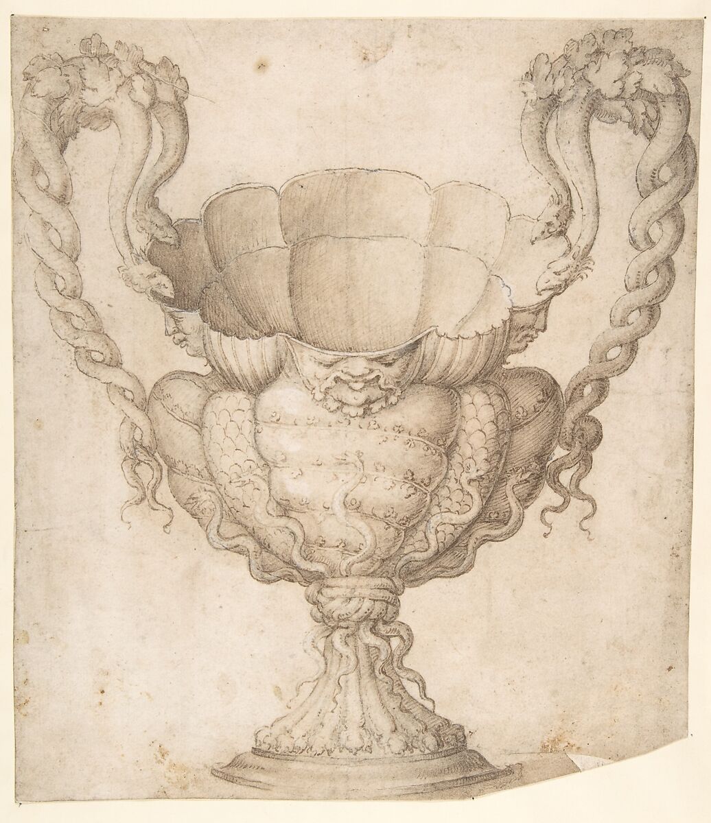 Design for a Decorated Drinking Cup with Floriated Heads around Large Mouth, Intertwined Serpents as Handles, Giulio Romano (Italian, Rome 1499?–1546 Mantua), Pen and brown ink, brush and brown wash over traces of black chalk; small corrections in white gouache 