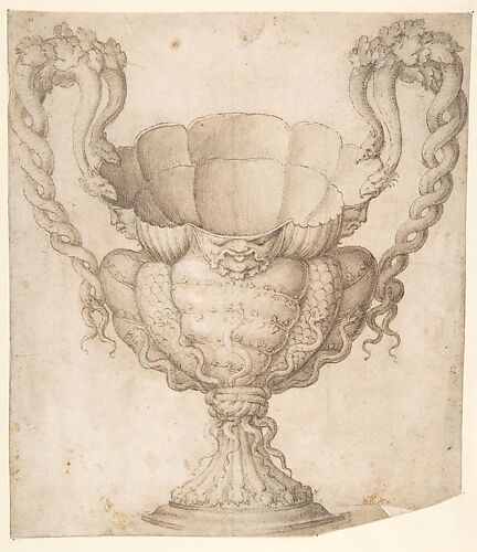 Design for a Decorated Drinking Cup with Floriated Heads around Large Mouth, Intertwined Serpents as Handles