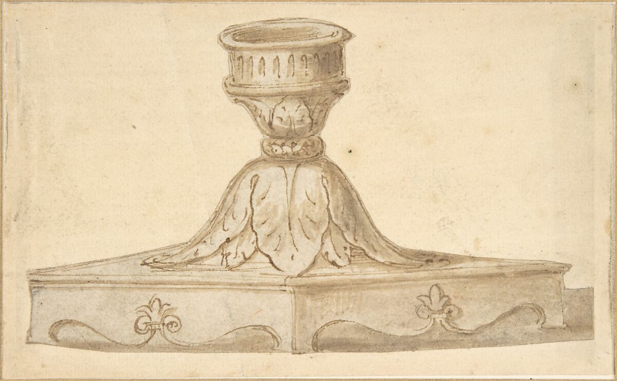 Design for a Decorated Base of a Candlestick Holder, ? Made by Giulio Romano (Italian, Rome 1499?–1546 Mantua), Pen and brown ink, brush and brown wash. Design silhouetted 