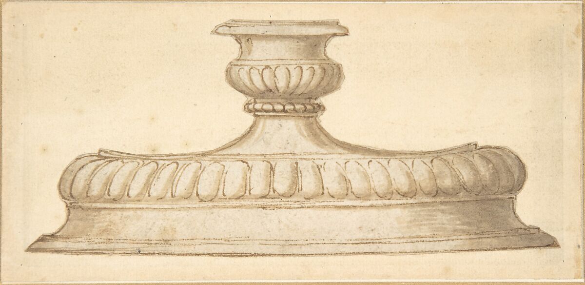 Design for a Decorated Base of a Candlestick Holder, ? Made by Giulio Romano (Italian, Rome 1499?–1546 Mantua), Pen and brown ink, brush and brown wash. Design silhouetted 