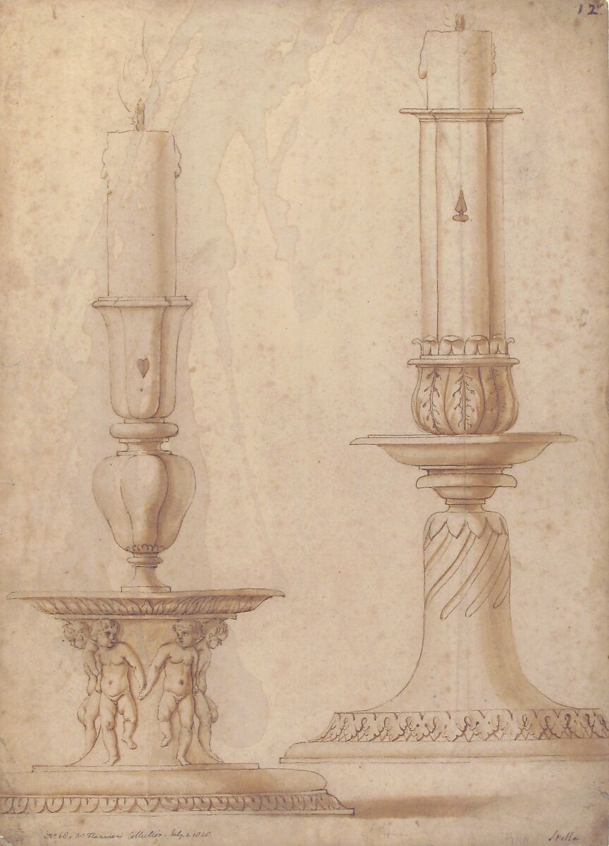 Design for Two Candlesticks with decorated Bases, ? Made by Giulio Romano (Italian, Rome 1499?–1546 Mantua), Pen and brown ink, brush and brown wash over traces of leadpoint