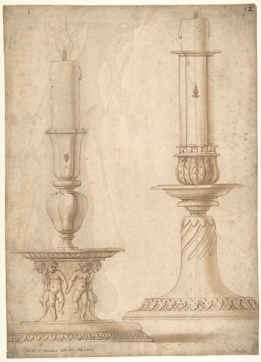 Design for Two Candlesticks with decorated Bases, ? Made by Giulio Romano (Italian, Rome 1499?–1546 Mantua), Pen and brown ink, brush and brown wash over traces of leadpoint 
