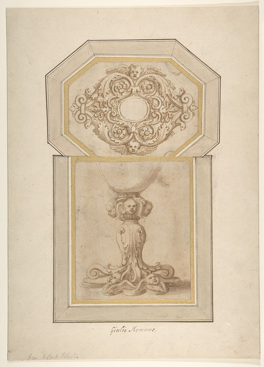 Design for a Sculptural Frame Decorated with Angel Heads, Volutes and Leaves (for a Ceiling ?); Design for a Base Decorated with Angel Heads, Volutes and Leaves, ? Made by Giulio Romano (Italian, Rome 1499?–1546 Mantua), Pen and brown ink, brush and brown wash over traces of leadpoint 
