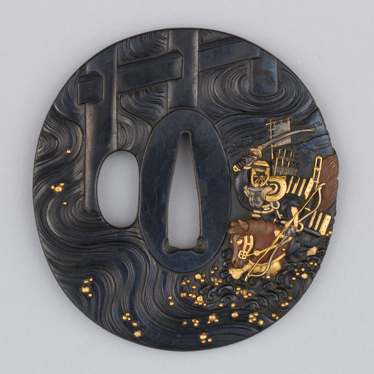 Sword Guard (Tsuba), Copper-gold alloy (shakudō), copper, silver, gold, Japanese 