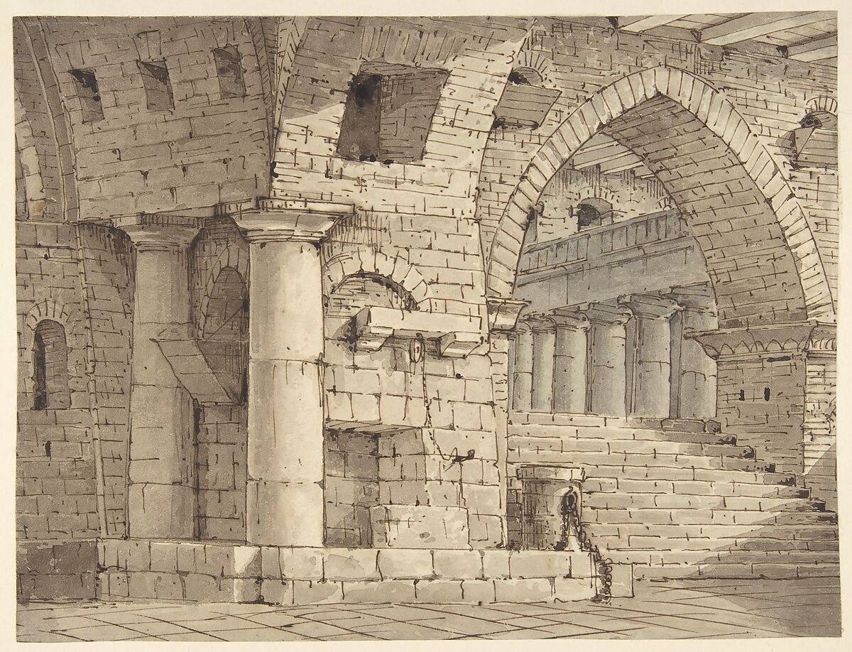 Design for a Stage Set Showing the Interior of a Fortress or Dungeon, Pietro di Gottardo Gonzaga (Italian, Belluno 1751–1831 St. Petersburg), Pen and brown ink, brush and brown and gray wash 