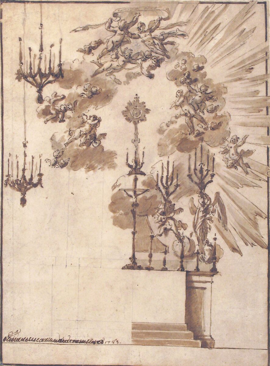 Design for an Altar for Easter Week Celebrations Decorated with Putti and Chandeliers, Jacopo Guarana (Italian, Venice 1720–1808 Venice), Pen and brown ink, brush and brown wash, over graphite; done freehand and with ruled construction; framing lines in pen and brown ink