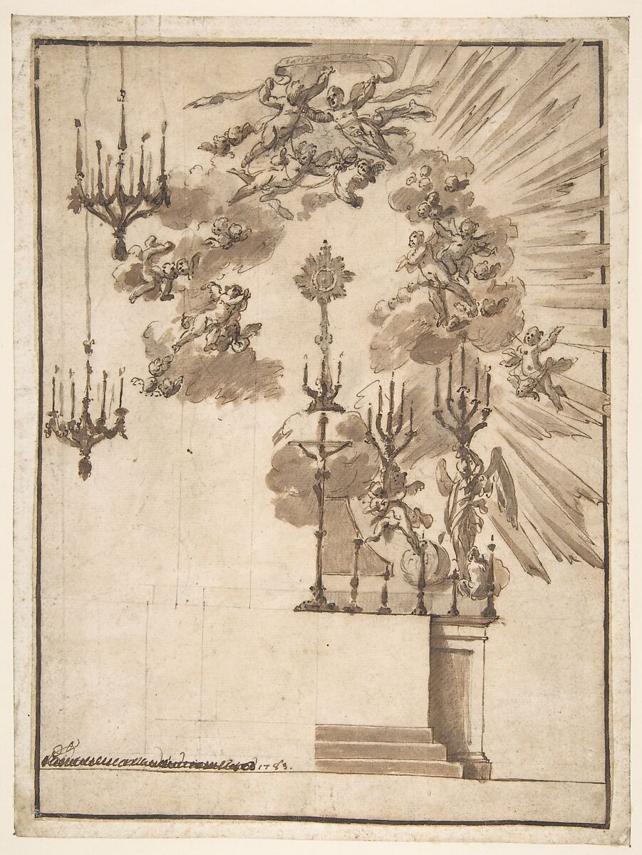 Design for an Altar for Easter Week Celebrations Decorated with Putti and Chandeliers, Jacopo Guarana (Italian, Venice 1720–1808 Venice), Pen and brown ink, brush and brown wash, over graphite; done freehand and with ruled construction; framing lines in pen and brown ink 