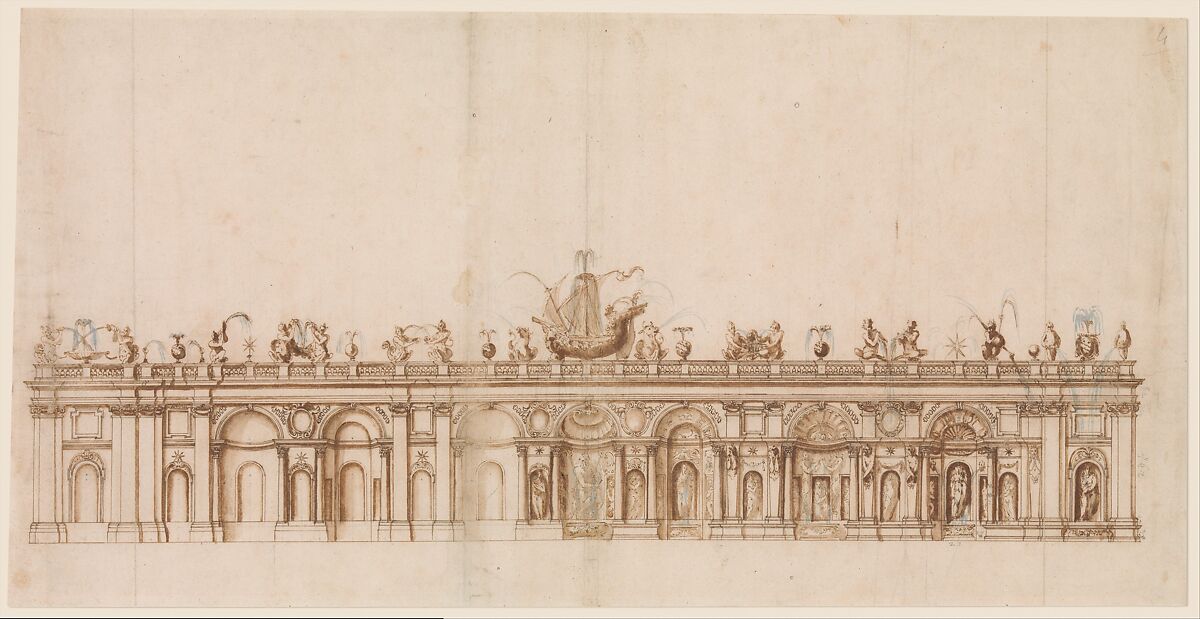 Design after a Fountain in the Villa Aldobrandini at Frascati., Giovanni Guerra (Italian, Modena 1544–1618 Rome), Pen and brown ink, brush with brown wash and pale blue-gray watercolor accents (on the depictions of water), over leadpoint or black chalk, with ruling and compass construction 