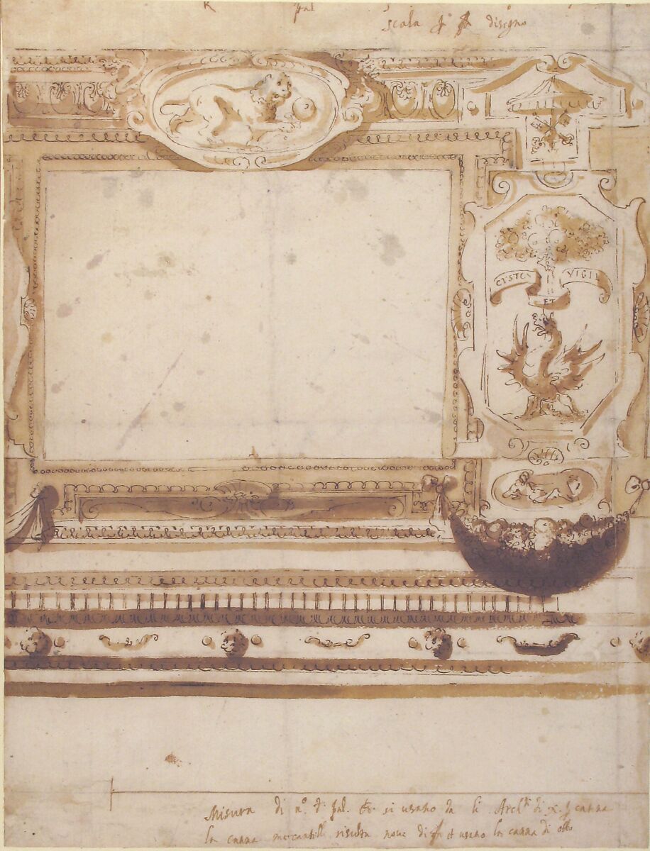 Design for a Wall Decoration with the Coat of Arms of the Borghese Family., Attributed to Giovanni Guerra (Italian, Modena 1544–1618 Rome), Pen and dark brown ink, brush and brown wash, over traces of leadpoint or black chalk