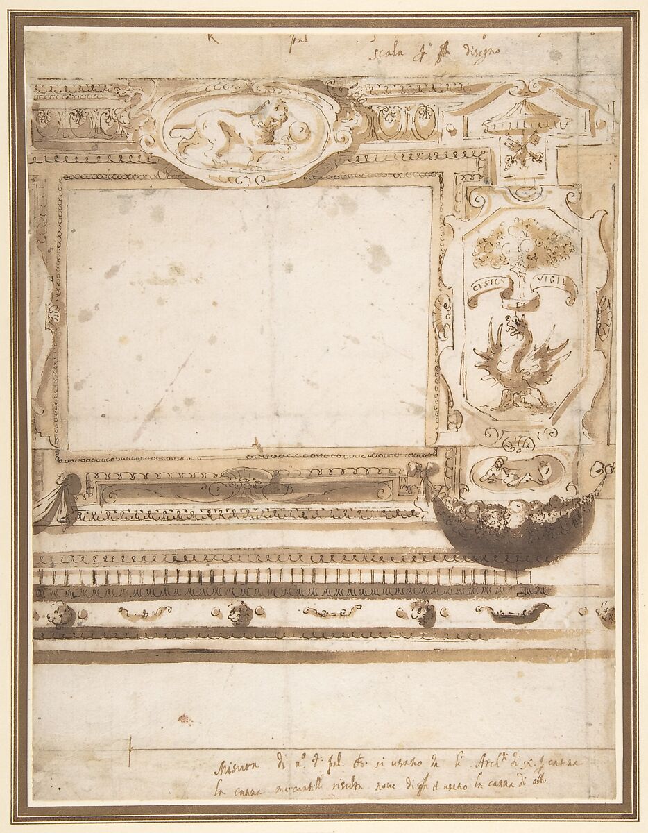 Design for a Wall Decoration with the Coat of Arms of the Borghese Family., Attributed to Giovanni Guerra (Italian, Modena 1544–1618 Rome), Pen and dark brown ink, brush and brown wash, over traces of leadpoint or black chalk 