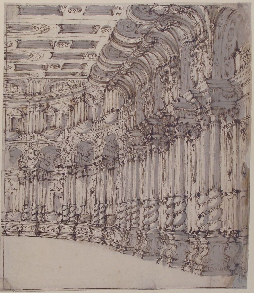 Design for a Stage Set: Interior of a Ballroom or Theater with Torqued Columns and Large Volutes Above, Francesco Galli Bibiena (Italian, Bologna 1659–1739 Bologna), Pen and brown ink, brush and gray wash over traces of graphite