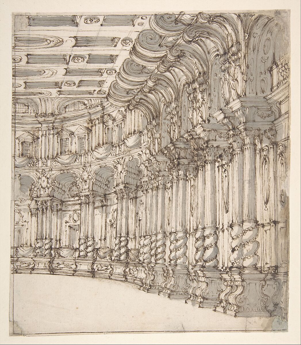 Design for a Stage Set: Interior of a Ballroom or Theater with Torqued Columns and Large Volutes Above, Francesco Galli Bibiena (Italian, Bologna 1659–1739 Bologna), Pen and brown ink, brush and gray wash over traces of graphite 