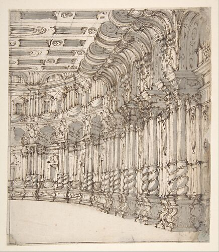 Design for a Stage Set: Interior of a Ballroom or Theater with Torqued Columns and Large Volutes Above