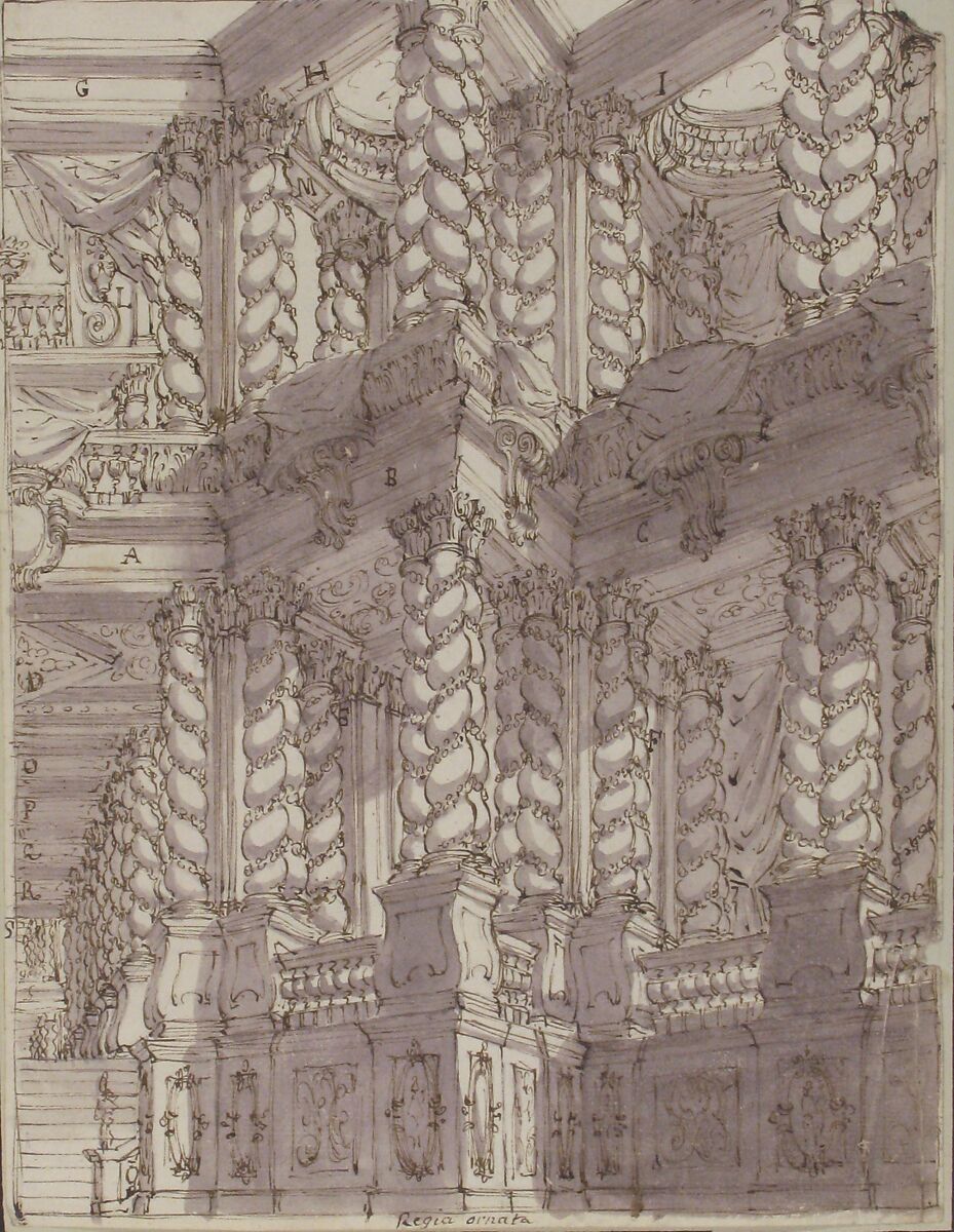 Design for Stage Set with Double Storey of Torqued Columns and Balustrades, Francesco Galli Bibiena (Italian, Bologna 1659–1739 Bologna), Pen and brown ink, brush and gray wash over traces of graphite
