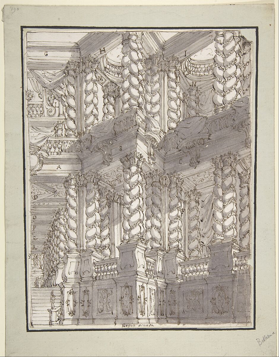Design for Stage Set with Double Storey of Torqued Columns and Balustrades, Francesco Galli Bibiena (Italian, Bologna 1659–1739 Bologna), Pen and brown ink, brush and gray wash over traces of graphite 