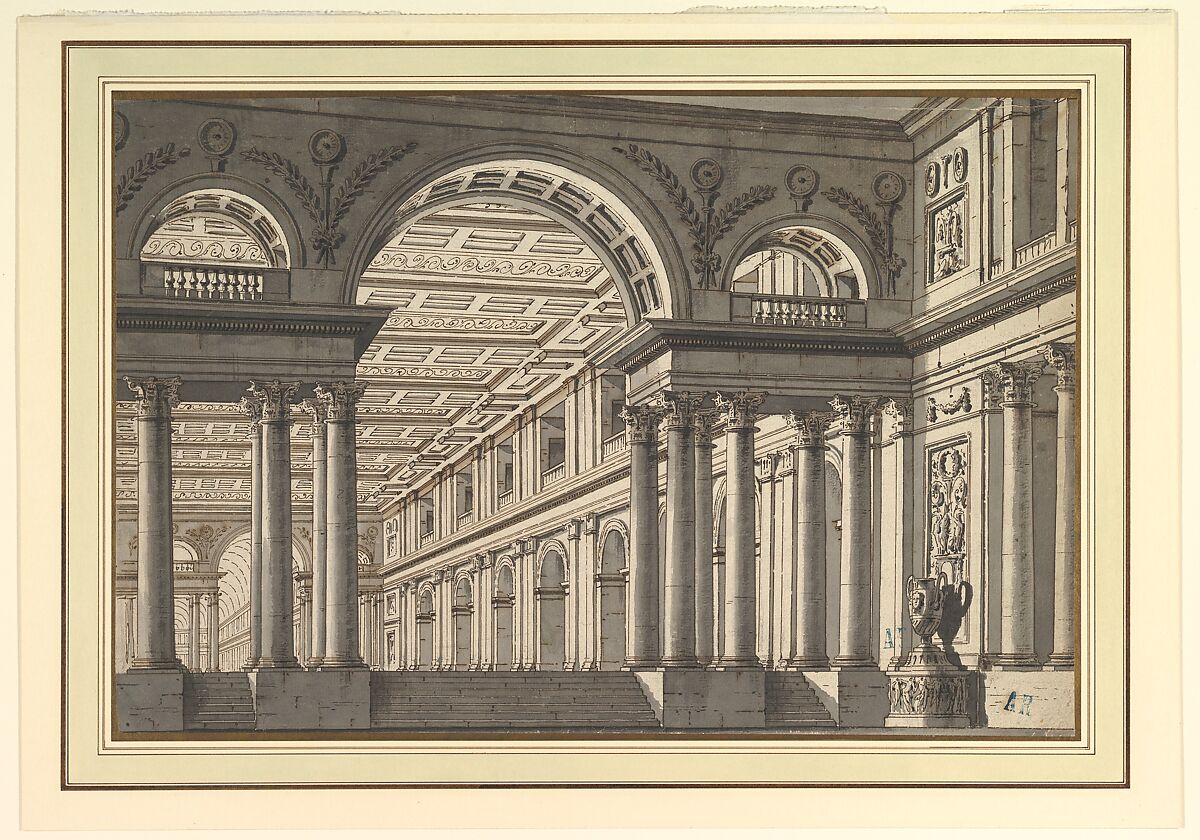 Design for a Stage Set: Classical Arcaded Gallery with Triumphal Arch Motif, Paolo Landriani (Italian, 1757–1839), Pen and brown ink, brush and brown and gray wash, over traces of black chalk 