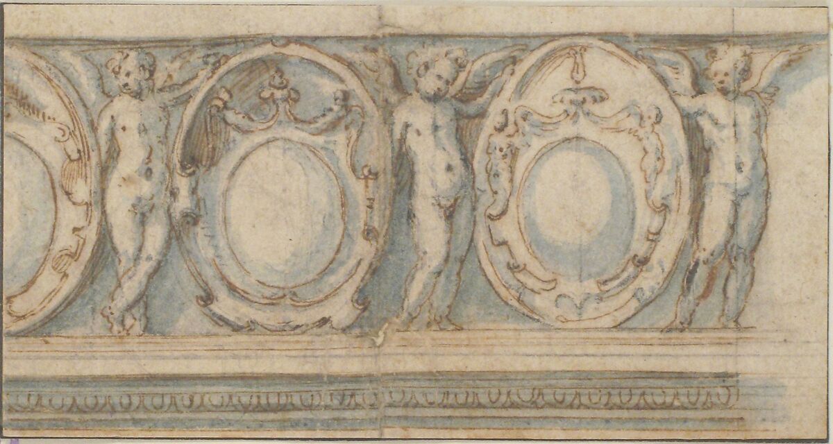 Design for a Decorated Frieze with Alternation of Cartouches and Winged Putti, Attributed to Luzio Luzzi (also known as Luzio Romano, Luzio da Todi) (Italian, active Rome, documented 1519–1582), Pen and brown ink, brush and blue wash (over traces of leadpoint (?))