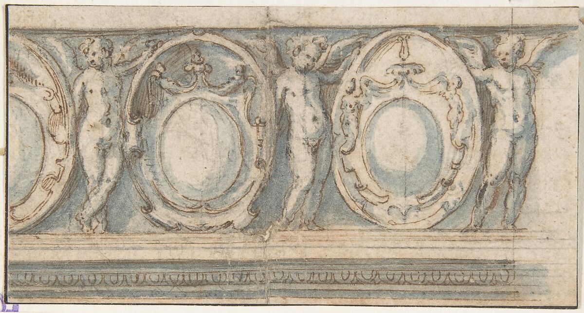 Design for a Decorated Frieze with Alternation of Cartouches and Winged Putti, Attributed to Luzio Luzzi (also known as Luzio Romano, Luzio da Todi) (Italian, active Rome, documented 1519–1582), Pen and brown ink, brush and blue wash (over traces of leadpoint (?)) 