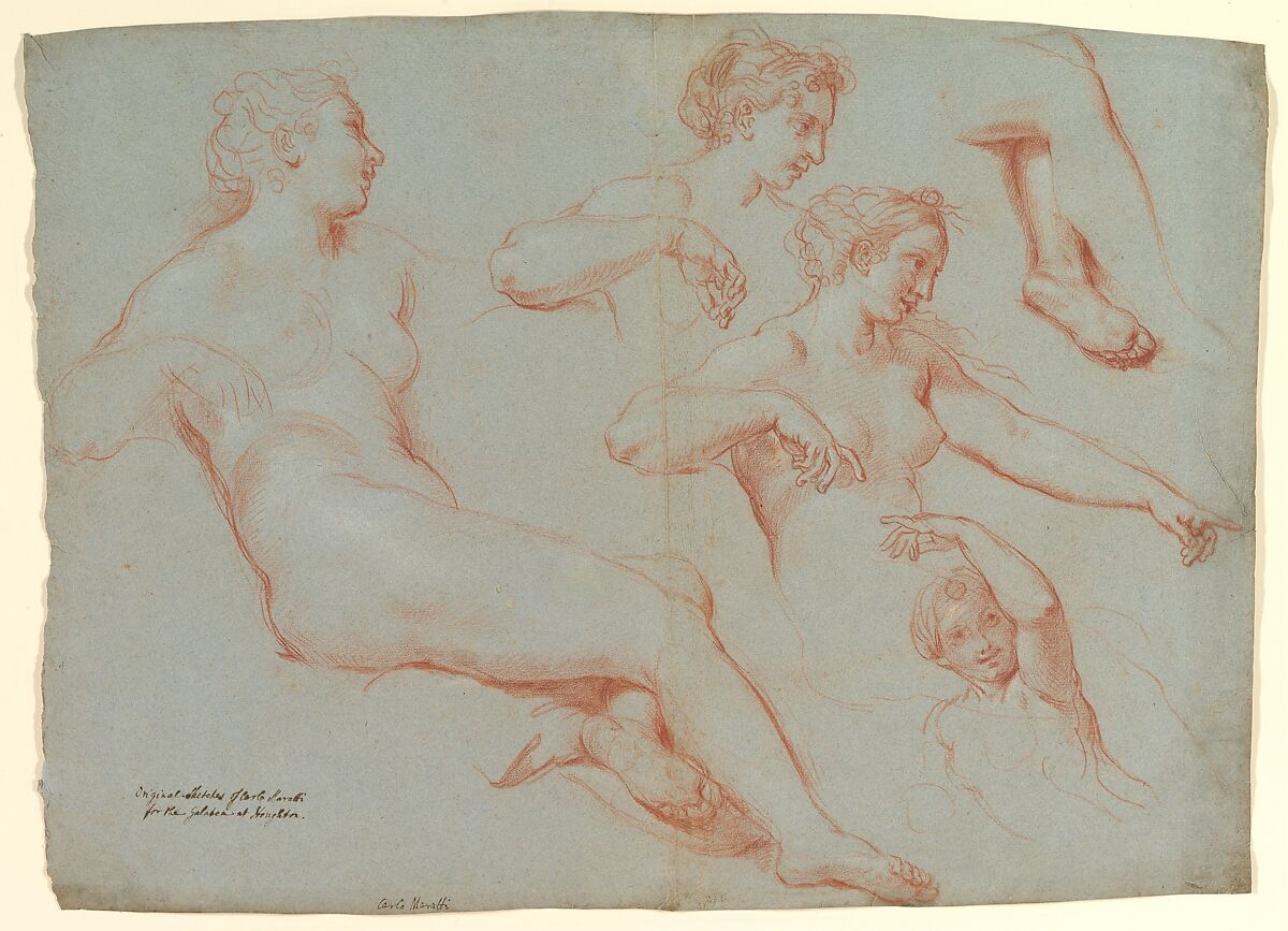 Four Studies of Recumbent Female Nudes (Galatea), Carlo Maratti (Italian, Camerano 1625–1713 Rome), Red chalk, touches of white chalk, on blue paper 