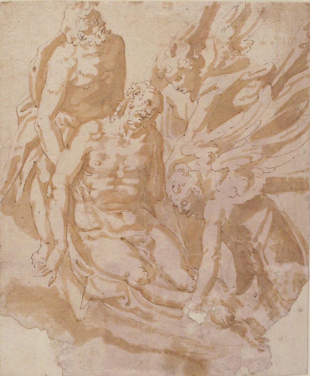 Design of Dead Christ Supported by Two Angels a Saint, Marco Marchetti (Marco da Faenza) (Italian, Faenza before 1528–1588 Faenza), Pen and brown ink, brush and brown wash over traces of leadpoint