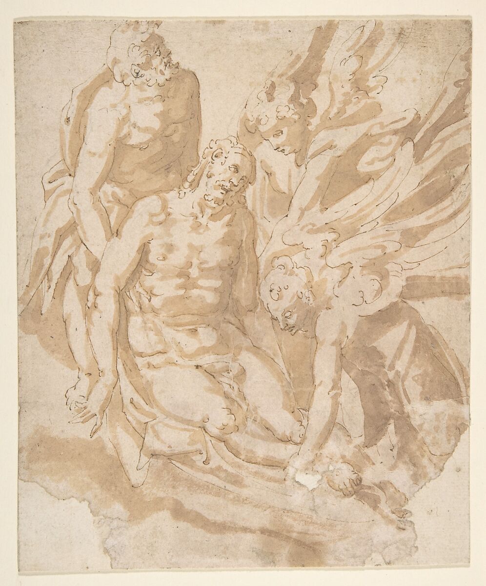 Design of Dead Christ Supported by Two Angels a Saint, Marco Marchetti (Marco da Faenza) (Italian, Faenza before 1528–1588 Faenza), Pen and brown ink, brush and brown wash over traces of leadpoint 