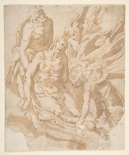 Design of Dead Christ Supported by Two Angels a Saint