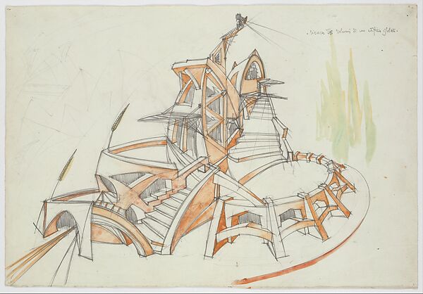 Recerca di Volumi di un Edificio Isolato [Exploration of Volumes in a Free-Standing Building], Virgilio Marchi (Italian, 1895–1960), Watercolor and graphite 