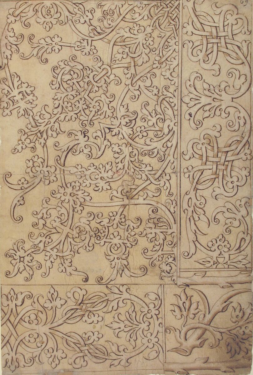 Design for Panels (Textile?) Decorated with Moresque and Knotwork Ornament, Close to Master F (North Italian, active ca. 1525–40), Pen and brown ink, over leadpoint