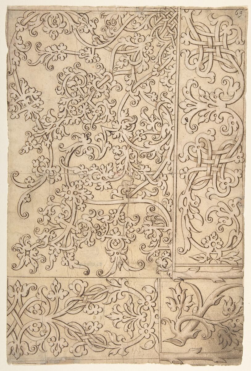 Design for Panels (Textile?) Decorated with Moresque and Knotwork Ornament, Master F  Italian, Pen and brown ink, over traces of leadpoint