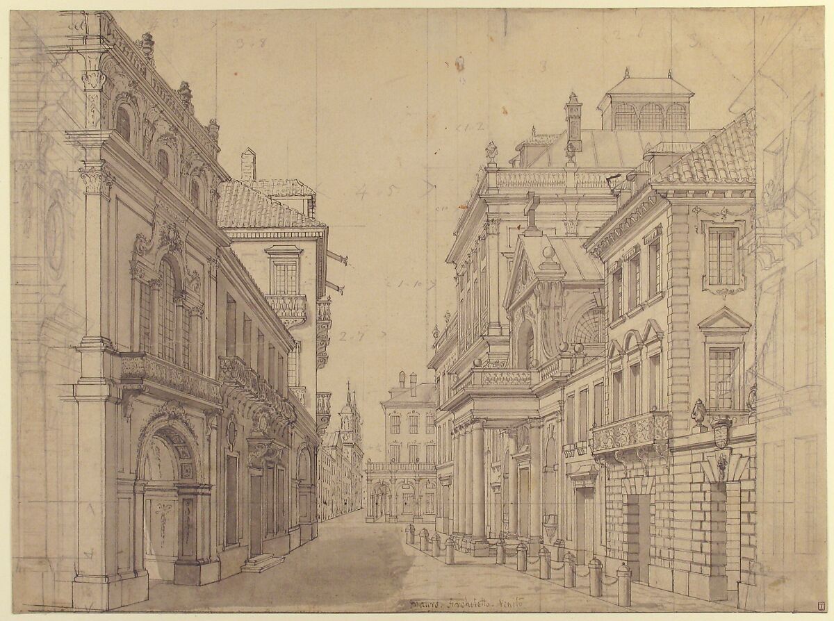 Perspective Design for a Stage Set of an Italian Cityscape, Antonio Mauro II (Italian, active 1784–97), Pen and black ink, brown and gray wash and leadpoint with vertical lines in leadpoint for the architectural construction
