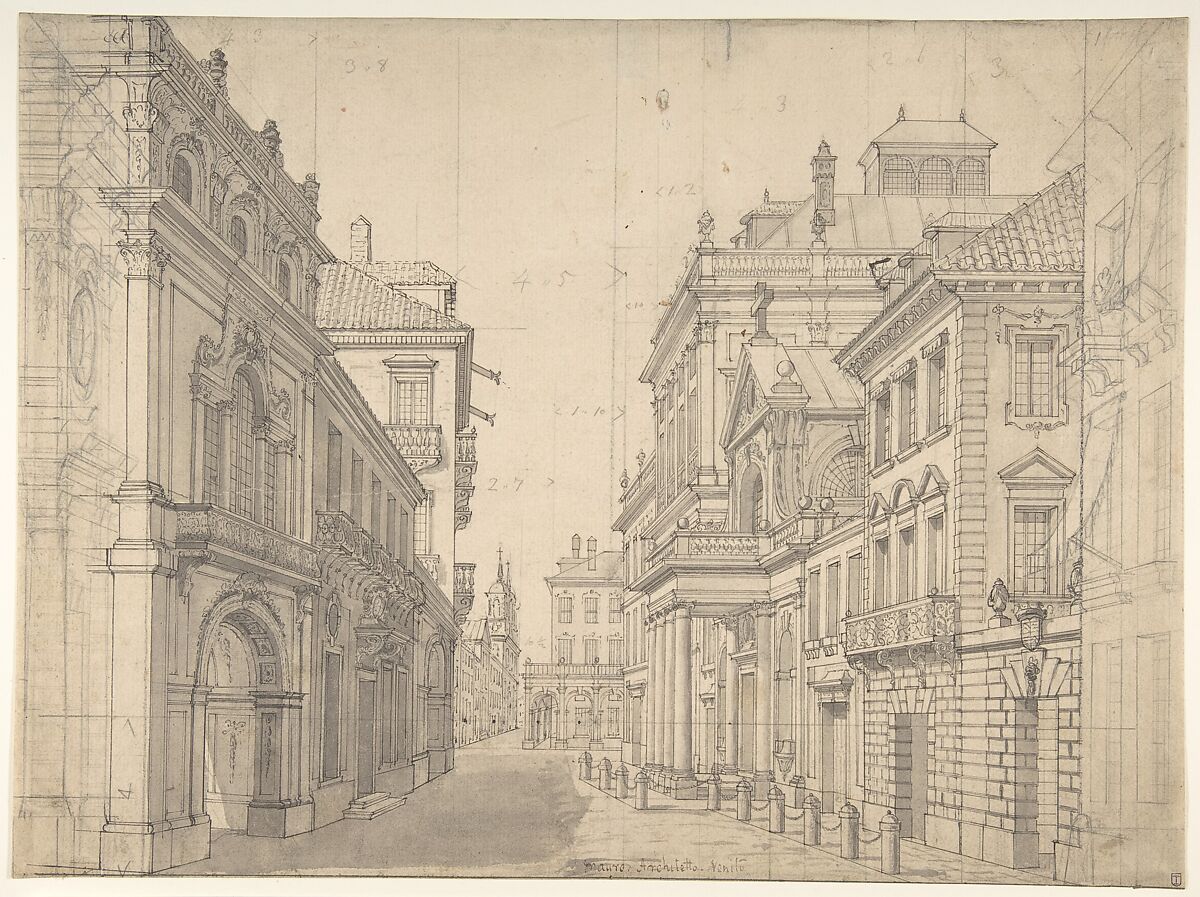 Perspective Design for a Stage Set of an Italian Cityscape, Antonio Mauro II (Italian, active 1784–97), Pen and black ink, brown and gray wash and leadpoint with vertical lines in leadpoint for the architectural construction 